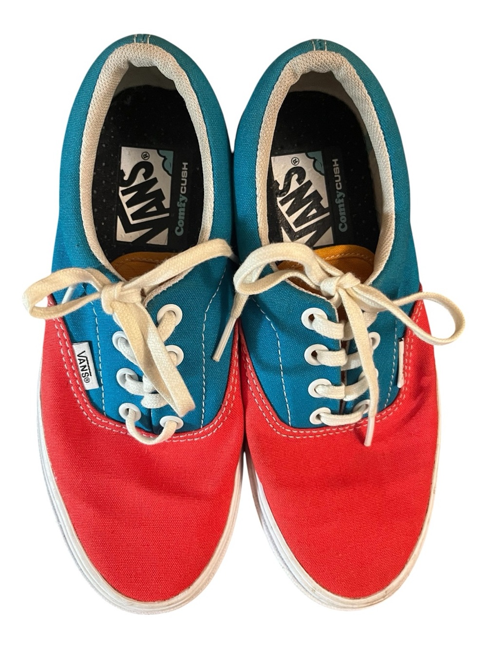 Vans Two-Tone Canvas Sneakers in Red & Teal with Cream Laces